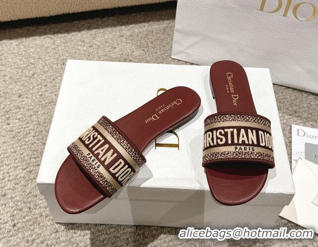 Hot Style Dior Dway Flat Slides Sandal in Classic Embroidered Cotton Burgundy 1231027