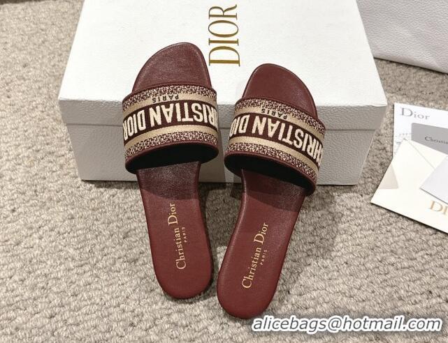 Hot Style Dior Dway Flat Slides Sandal in Classic Embroidered Cotton Burgundy 1231027