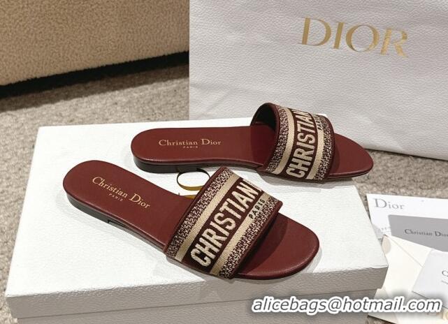 Hot Style Dior Dway Flat Slides Sandal in Classic Embroidered Cotton Burgundy 1231027