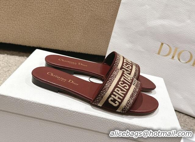 Hot Style Dior Dway Flat Slides Sandal in Classic Embroidered Cotton Burgundy 1231027