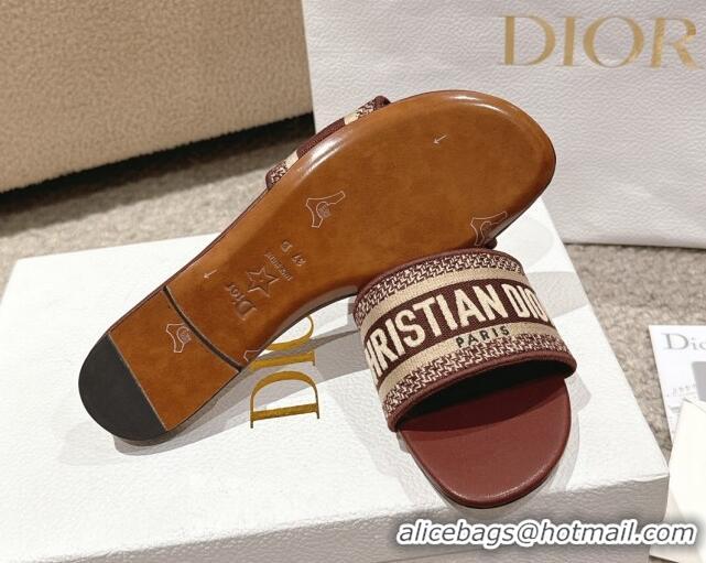 Hot Style Dior Dway Flat Slides Sandal in Classic Embroidered Cotton Burgundy 1231027