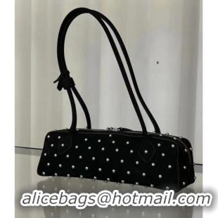 Luxury Cheap Alaia Le Tecket Medium Long Shoulder bag in Suede with Silver-Tone Studs 3012 Black 2024