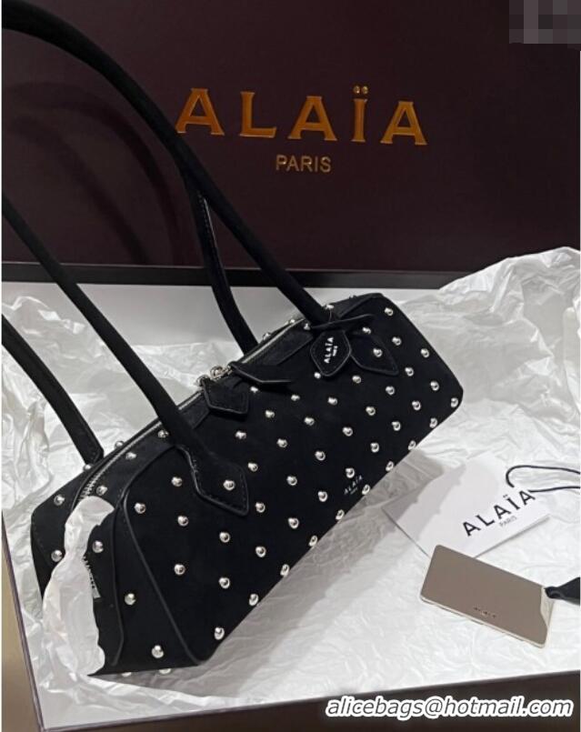 Luxury Cheap Alaia Le Tecket Medium Long Shoulder bag in Suede with Silver-Tone Studs 3012 Black 2024