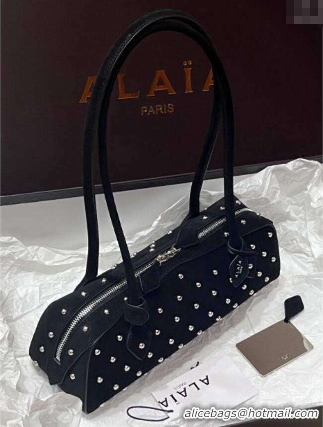 Luxury Cheap Alaia Le Tecket Medium Long Shoulder bag in Suede with Silver-Tone Studs 3012 Black 2024