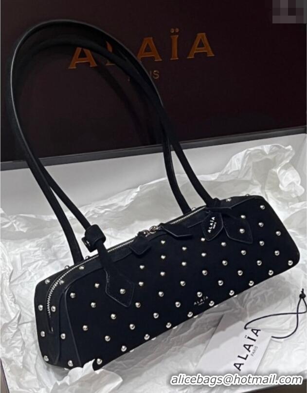 Luxury Cheap Alaia Le Tecket Medium Long Shoulder bag in Suede with Silver-Tone Studs 3012 Black 2024