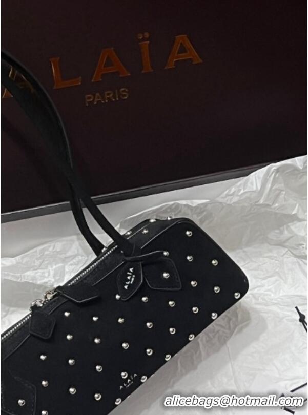 Luxury Cheap Alaia Le Tecket Medium Long Shoulder bag in Suede with Silver-Tone Studs 3012 Black 2024