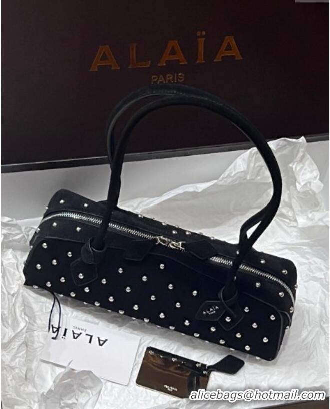 Luxury Cheap Alaia Le Tecket Medium Long Shoulder bag in Suede with Silver-Tone Studs 3012 Black 2024