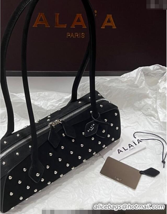 Luxury Cheap Alaia Le Tecket Medium Long Shoulder bag in Suede with Silver-Tone Studs 3012 Black 2024