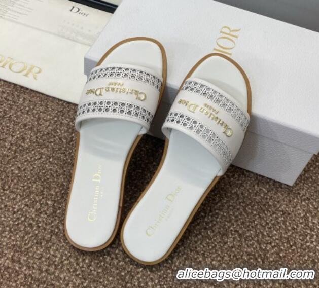 Best Product Dior D-Lane Flat Slides Sandal in Calfskin with Openwork Microcannage Motif White 1231032