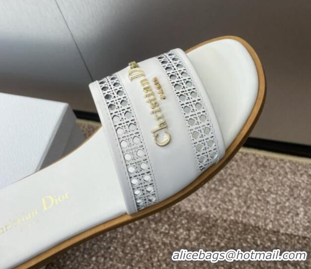 Best Product Dior D-Lane Flat Slides Sandal in Calfskin with Openwork Microcannage Motif White 1231032