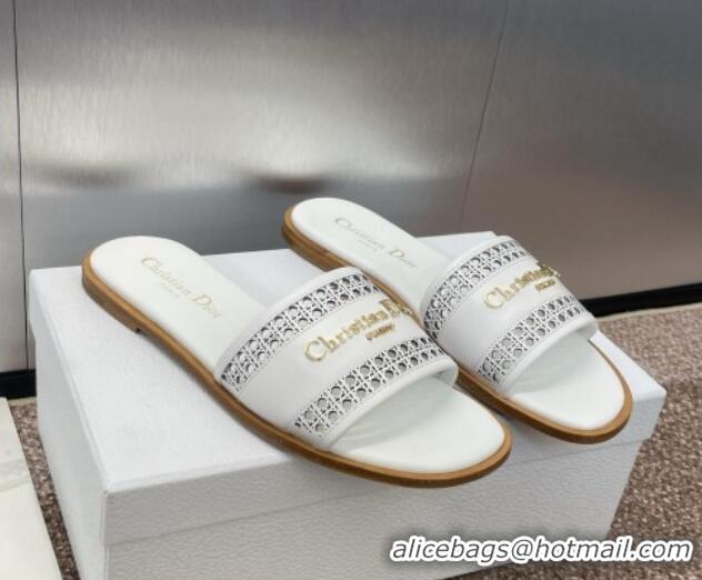 Best Product Dior D-Lane Flat Slides Sandal in Calfskin with Openwork Microcannage Motif White 1231032