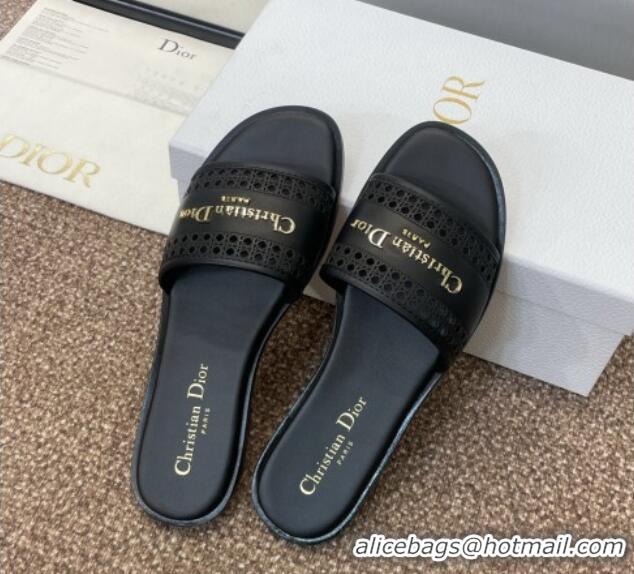 Top Design Dior D-Lane Flat Slides Sandal in Calfskin with Openwork Microcannage Motif Black 1231033