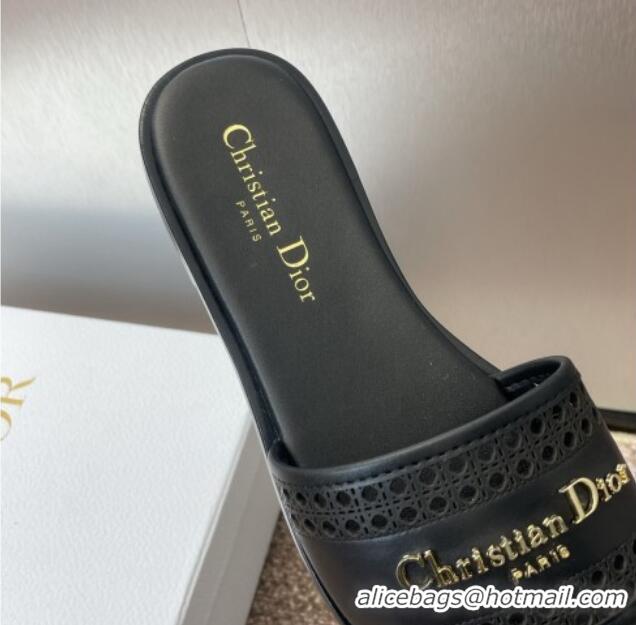 Top Design Dior D-Lane Flat Slides Sandal in Calfskin with Openwork Microcannage Motif Black 1231033