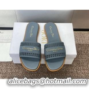 Purchase Dior D-Lane Flat Slides Sandal in Calfskin with Openwork Microcannage Motif Blue 1231034