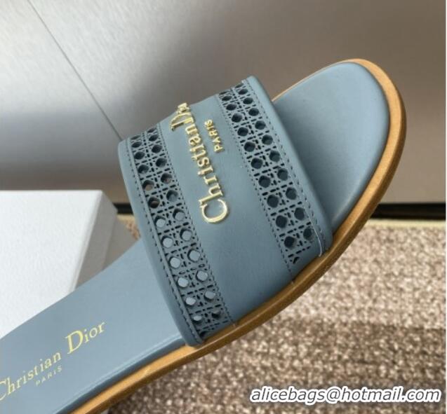 Purchase Dior D-Lane Flat Slides Sandal in Calfskin with Openwork Microcannage Motif Blue 1231034