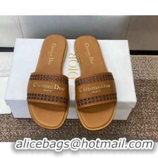 Top Grade Dior D-Lane Flat Slides Sandal in Calfskin with Openwork Microcannage Motif Brown 1231035