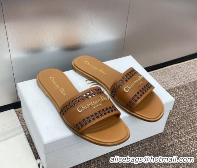 Top Grade Dior D-Lane Flat Slides Sandal in Calfskin with Openwork Microcannage Motif Brown 1231035