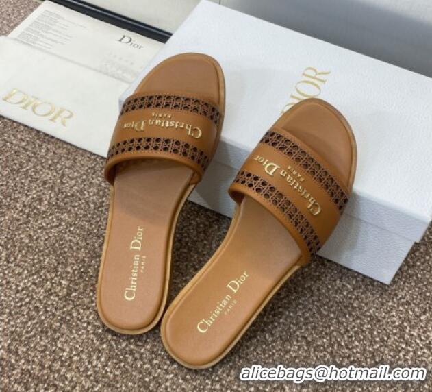 Top Grade Dior D-Lane Flat Slides Sandal in Calfskin with Openwork Microcannage Motif Brown 1231035