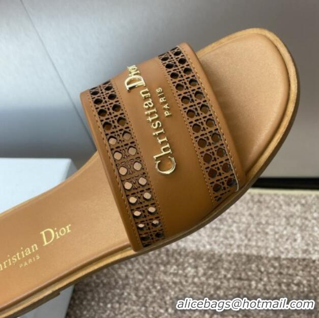 Top Grade Dior D-Lane Flat Slides Sandal in Calfskin with Openwork Microcannage Motif Brown 1231035