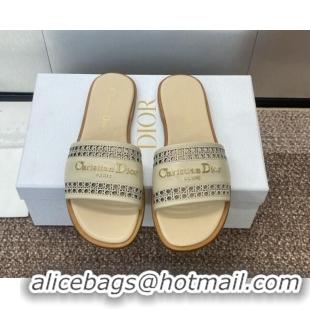 Grade Quality Dior D-Lane Flat Slides Sandal in Calfskin with Openwork Microcannage Motif Beige 1231036