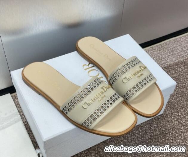 Grade Quality Dior D-Lane Flat Slides Sandal in Calfskin with Openwork Microcannage Motif Beige 1231036