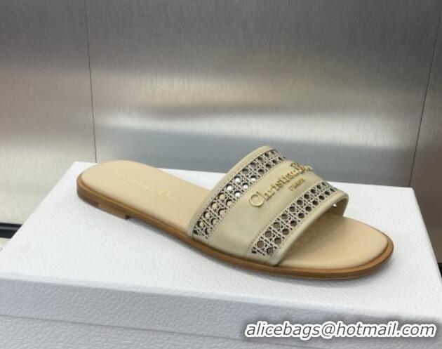 Grade Quality Dior D-Lane Flat Slides Sandal in Calfskin with Openwork Microcannage Motif Beige 1231036