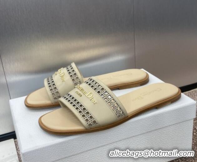 Grade Quality Dior D-Lane Flat Slides Sandal in Calfskin with Openwork Microcannage Motif Beige 1231036