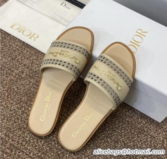 Grade Quality Dior D-Lane Flat Slides Sandal in Calfskin with Openwork Microcannage Motif Beige 1231036