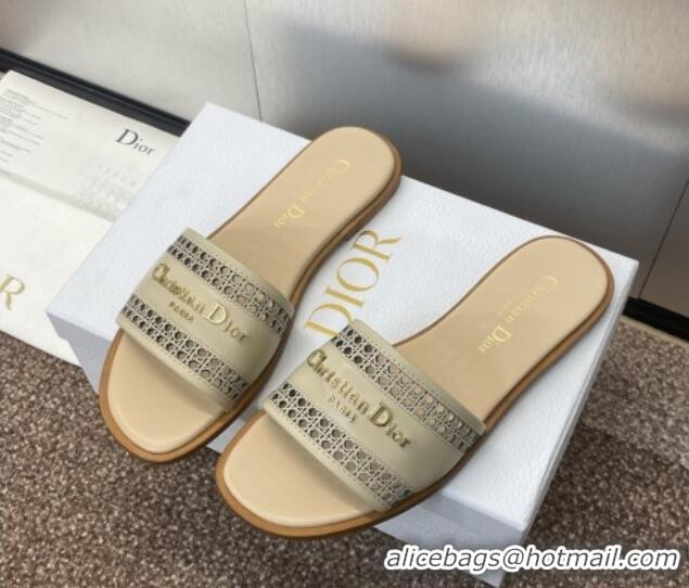 Grade Quality Dior D-Lane Flat Slides Sandal in Calfskin with Openwork Microcannage Motif Beige 1231036