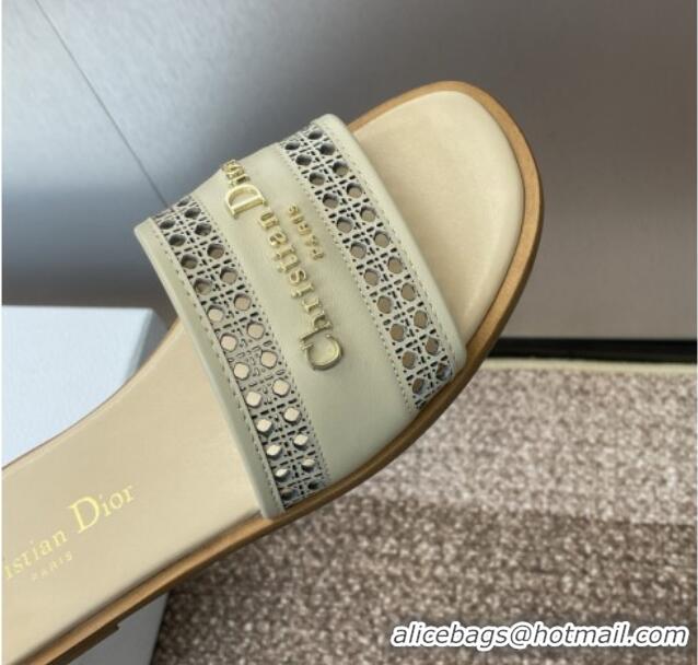 Grade Quality Dior D-Lane Flat Slides Sandal in Calfskin with Openwork Microcannage Motif Beige 1231036