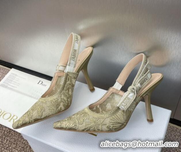 Best Grade Dior J'Adior Slingback Pumps 9.5cm in Transparent Mesh with Gold-Tone Chardons Embroidery 1231037