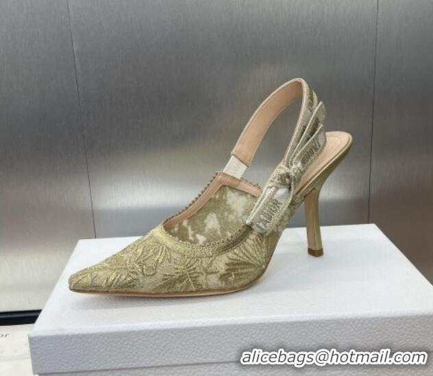 Best Grade Dior J'Adior Slingback Pumps 9.5cm in Transparent Mesh with Gold-Tone Chardons Embroidery 1231037