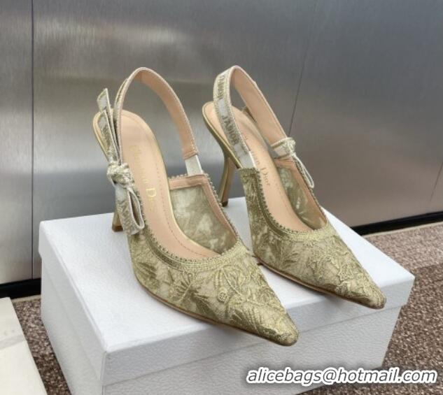 Best Grade Dior J'Adior Slingback Pumps 9.5cm in Transparent Mesh with Gold-Tone Chardons Embroidery 1231037