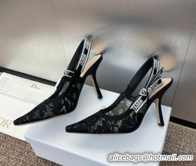 Unique Style Dior J'Adior Slingback Pumps 9.5cm in Transparent Mesh with Black Chardons Embroidery 1231041