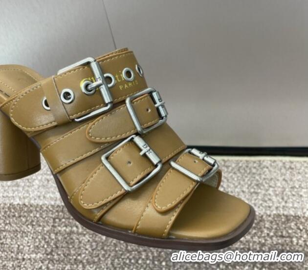 Best Price Dior Punk Heeled Slides Sandal 8cm in Calfskin with Buckle Strap Brown 1231046