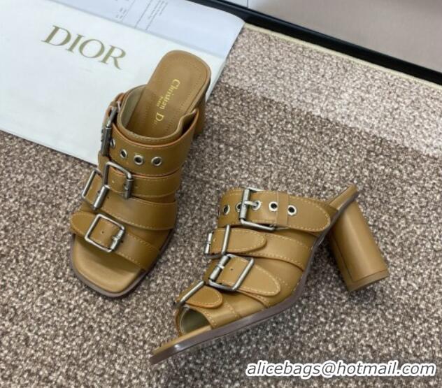 Best Price Dior Punk Heeled Slides Sandal 8cm in Calfskin with Buckle Strap Brown 1231046