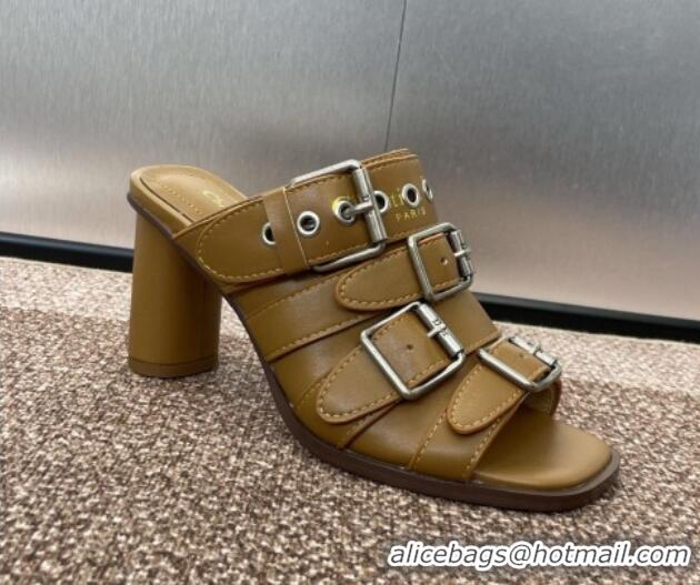 Best Price Dior Punk Heeled Slides Sandal 8cm in Calfskin with Buckle Strap Brown 1231046