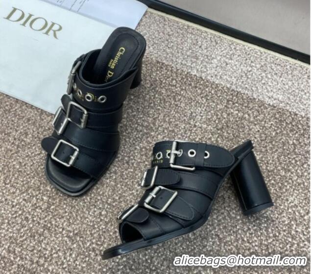 Pretty Style Dior Punk Heeled Slides Sandal 8cm in Calfskin with Buckle Strap Black 1231047