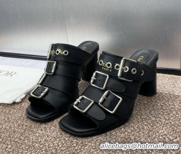 Pretty Style Dior Punk Heeled Slides Sandal 8cm in Calfskin with Buckle Strap Black 1231047