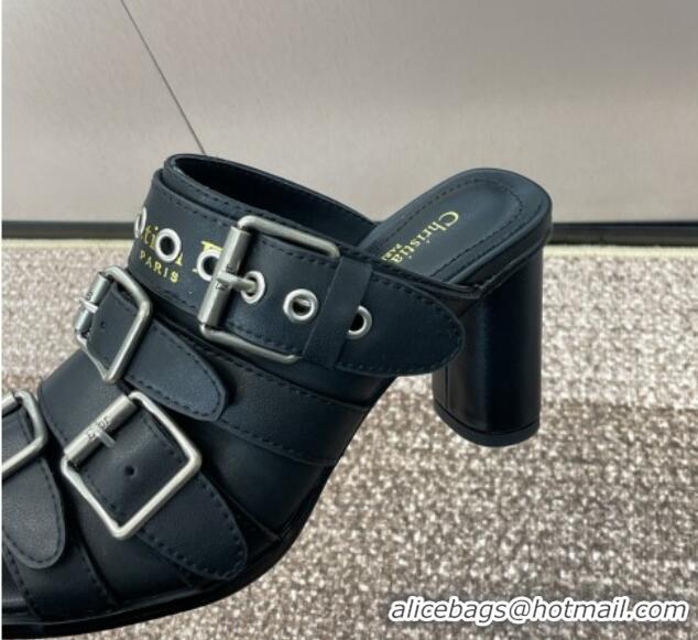 Pretty Style Dior Punk Heeled Slides Sandal 8cm in Calfskin with Buckle Strap Black 1231047