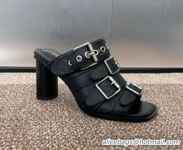 Pretty Style Dior Punk Heeled Slides Sandal 8cm in Calfskin with Buckle Strap Black 1231047