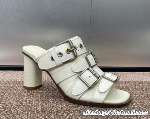 Charming Dior Punk Heeled Slides Sandal 8cm in Calfskin with Buckle Strap White 1231048