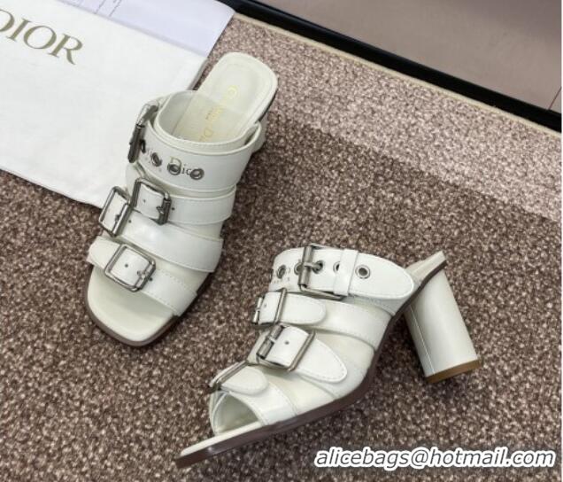 Charming Dior Punk Heeled Slides Sandal 8cm in Calfskin with Buckle Strap White 1231048