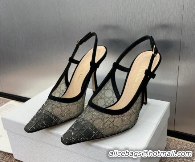 Low Price Dior Capture Slingback Pumps 9.5cm in Transparent Mesh with Silver-Tone Strass Cannage Motif and Black Suede 1