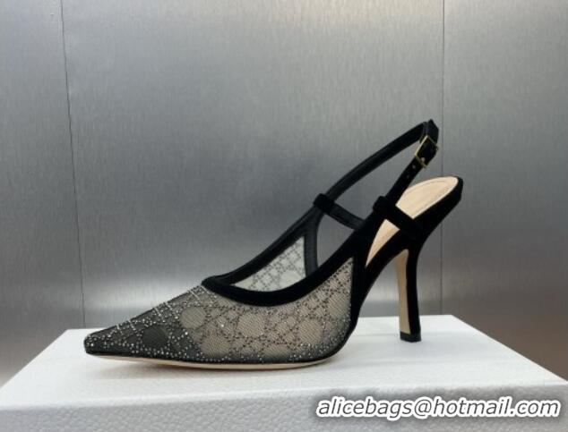 Low Price Dior Capture Slingback Pumps 9.5cm in Transparent Mesh with Silver-Tone Strass Cannage Motif and Black Suede 1