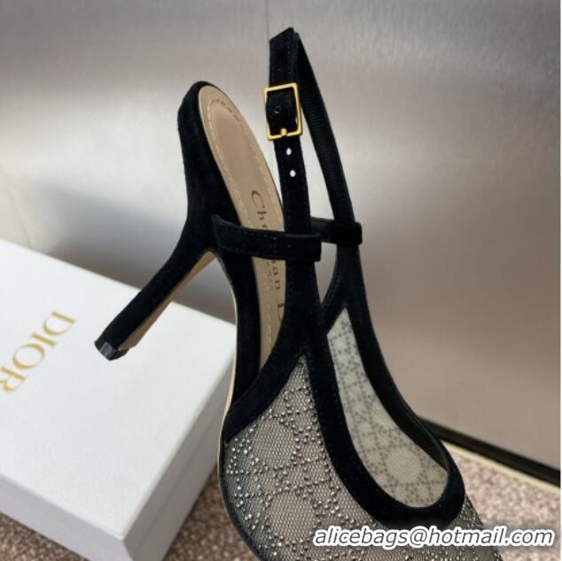 Low Price Dior Capture Slingback Pumps 9.5cm in Transparent Mesh with Silver-Tone Strass Cannage Motif and Black Suede 1