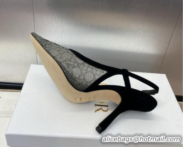 Low Price Dior Capture Slingback Pumps 9.5cm in Transparent Mesh with Silver-Tone Strass Cannage Motif and Black Suede 1