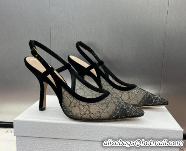 Low Price Dior Capture Slingback Pumps 9.5cm in Transparent Mesh with Silver-Tone Strass Cannage Motif and Black Suede 1