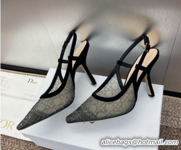 Low Price Dior Capture Slingback Pumps 9.5cm in Transparent Mesh with Silver-Tone Strass Cannage Motif and Black Suede 1