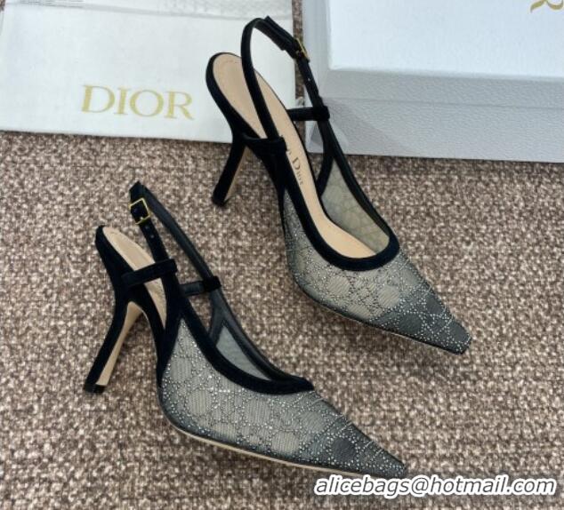 Low Price Dior Capture Slingback Pumps 9.5cm in Transparent Mesh with Silver-Tone Strass Cannage Motif and Black Suede 1